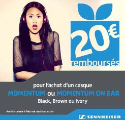 Projet gestion de promotions avec Sennheiser :Femme portant un casque, avec un message cadeau "20 Euros remboursés" sur le casque. Texte en bas indiquant : 'Pour l'achat d'un casque Momentum