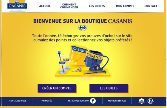 Projet gestion de promotions Casanis ; boutique en ligne. Page d'accueil du site Casanis : Bienvenue sur la boutique en ligne. Téléchargez vos preuves d'achat tout au long de l'année, cumulez des points et collectionnez vos objets préférés. Options disponibles : créer un compte ou explorer les objets.